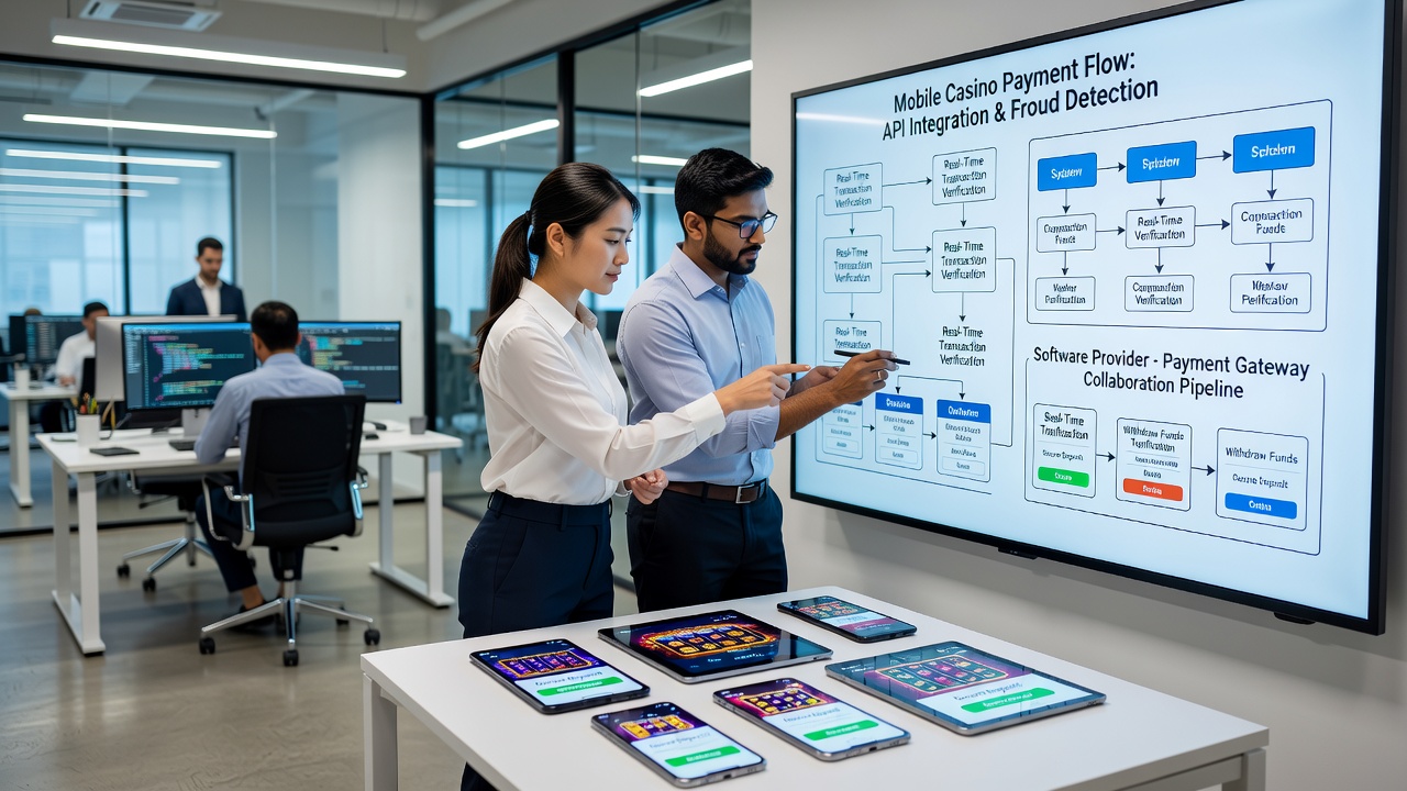 Developers reviewing API documentation and transaction flow diagrams on multiple monitors