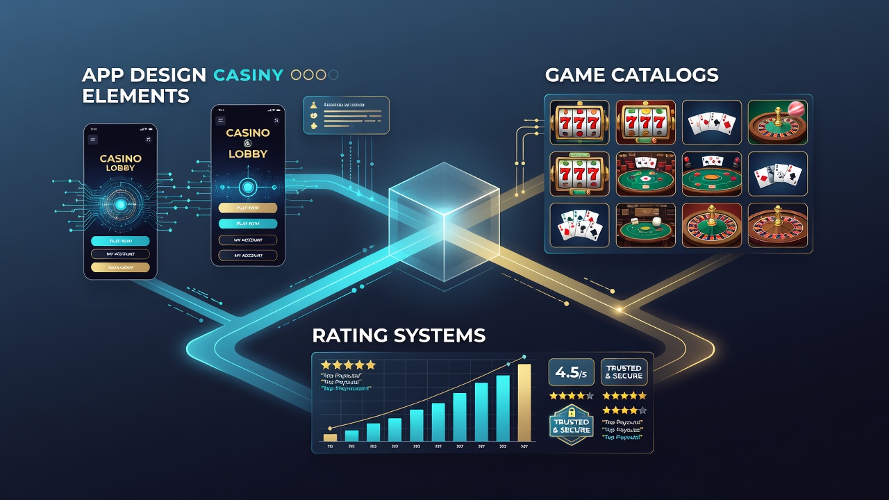 Dashboard view of a casino game catalog with star ratings, filters, and provider logos displayed on a tablet